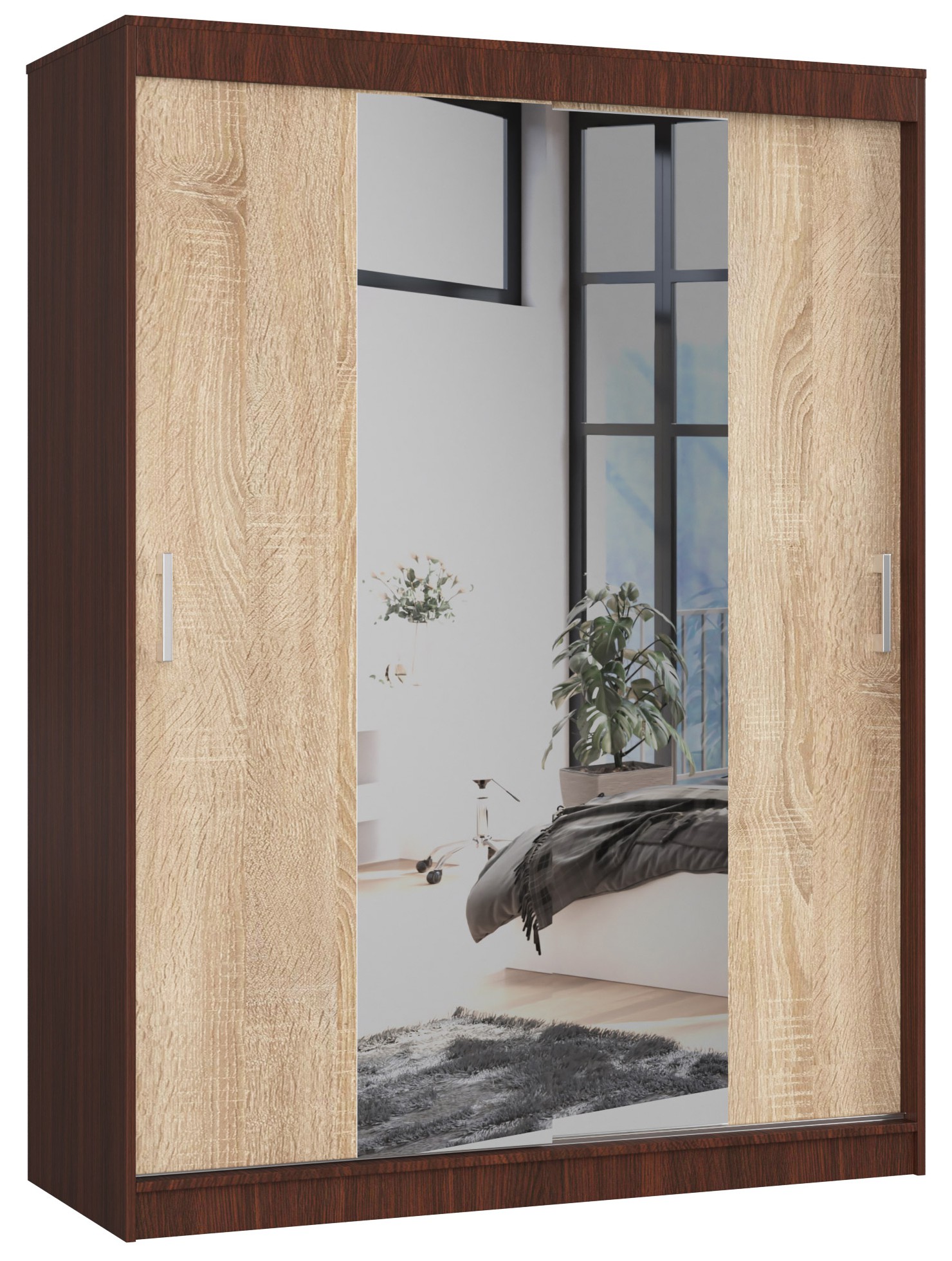 Šatní skříň posuvná se zrcadlem 150 cm wenge/dub sonoma