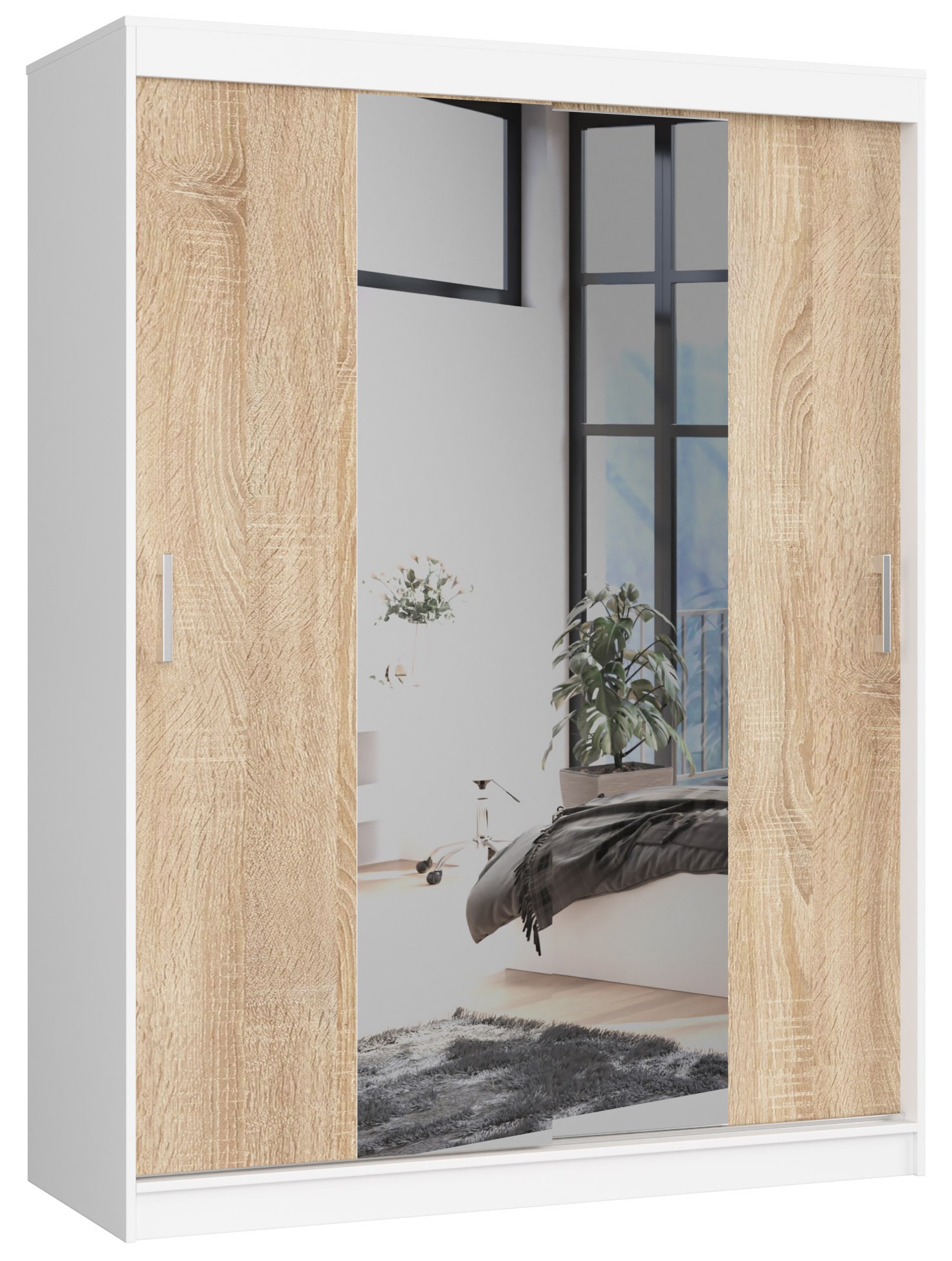Šatní skříň posuvná se zrcadlem 150 cm bílá/dub sonoma