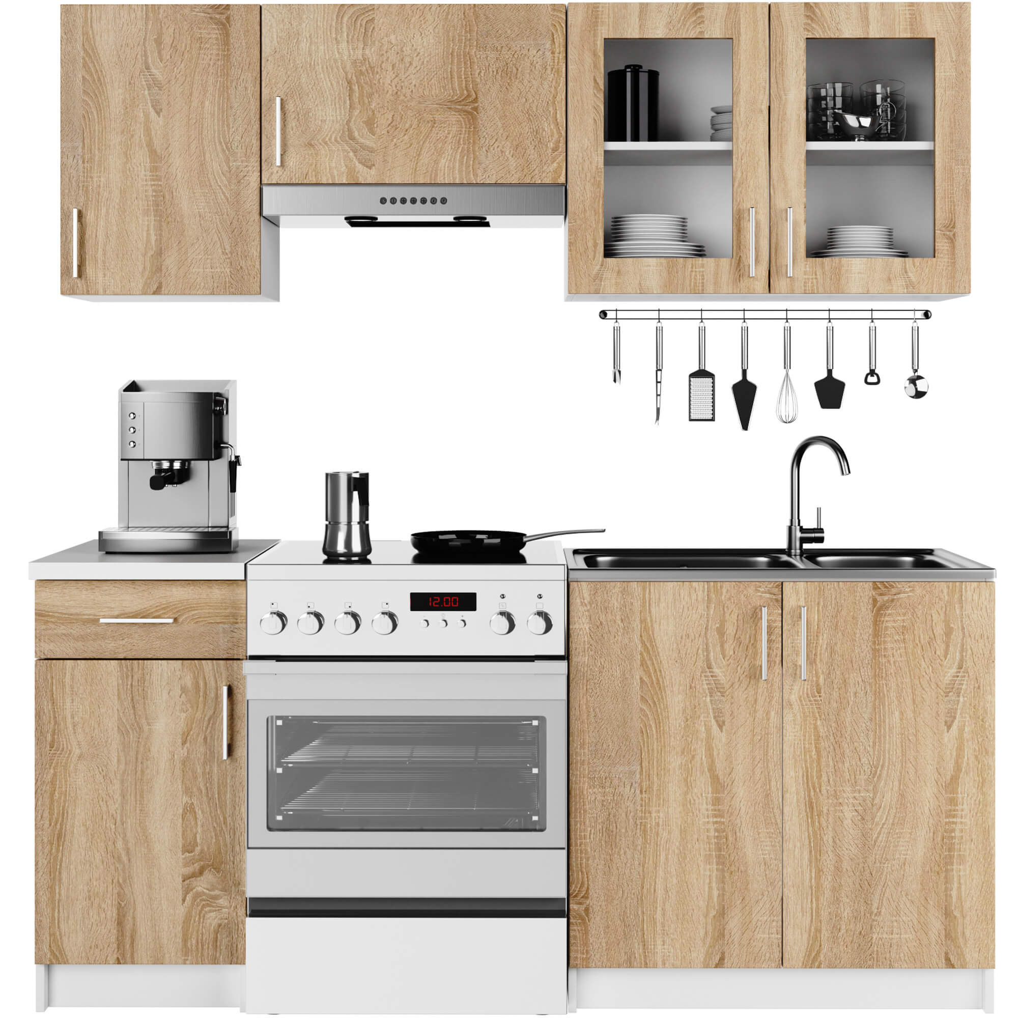 Kuchyňská linka LIMA s vitrínou 1.8M Bílá / Dub Sonoma