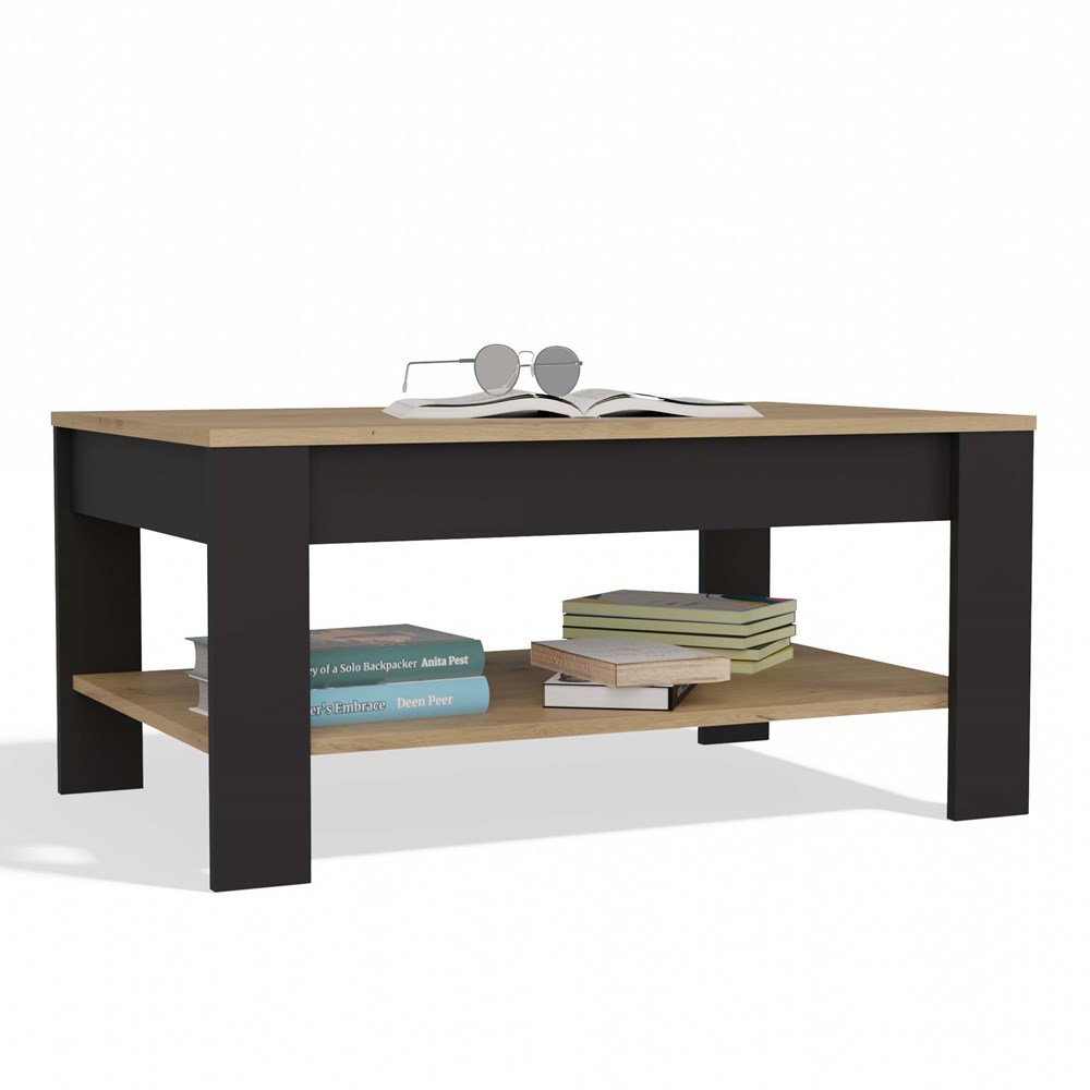 Konferenční stolek kávový OHIO Dub Artisan Černý s policemi, do obývacího pokoje, rozměry: 93 × 58 × 43,5 cm