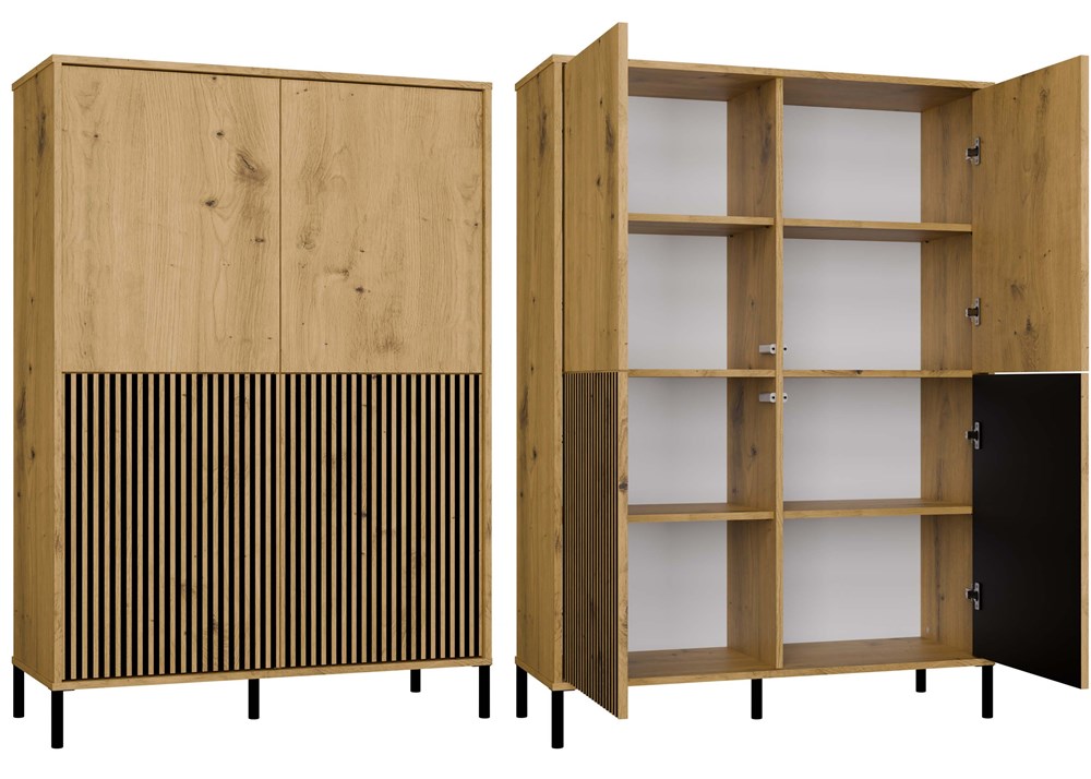 Vitrína KAMARO 4DK SLIM/HLADKÁ HNĚDÁ 4 dveře, lamely - rýhovaný klasický čelní panel