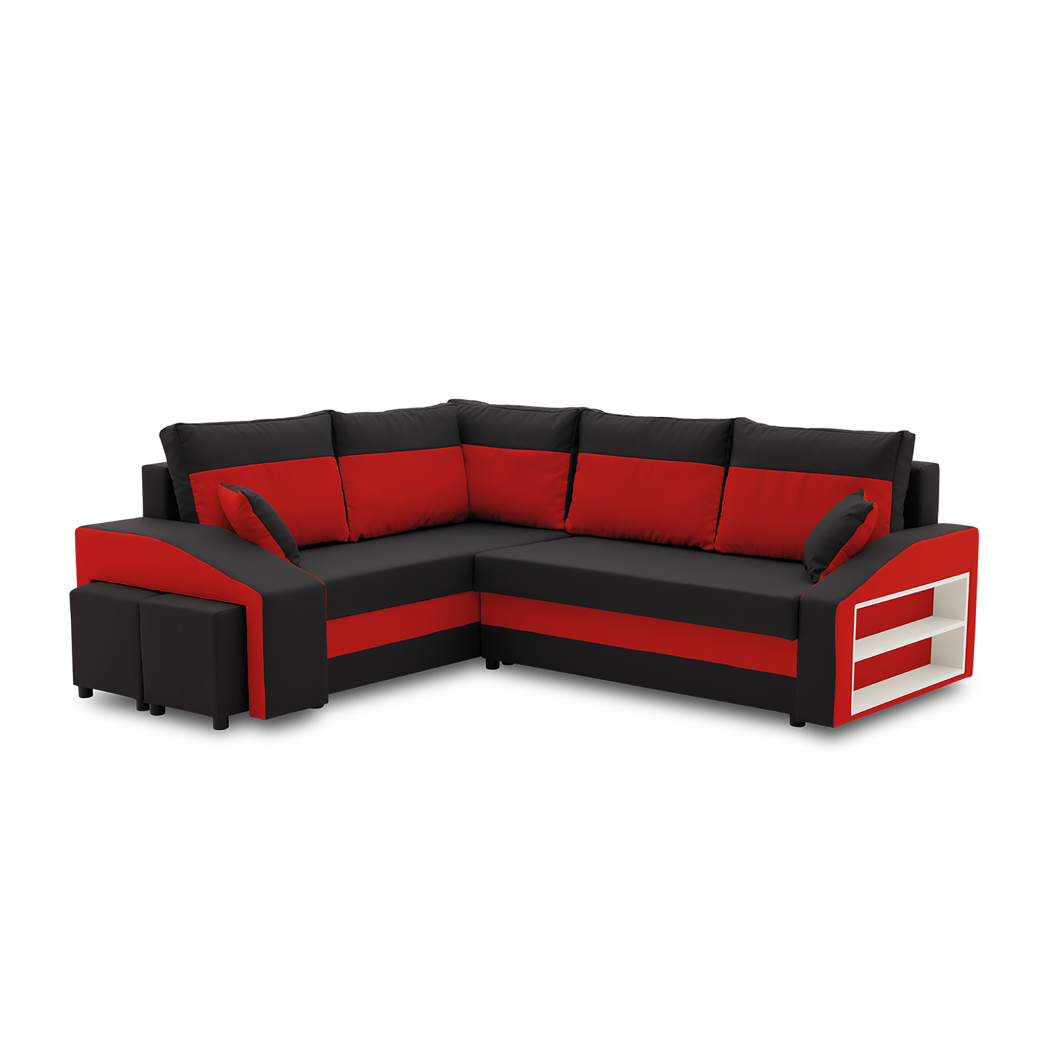 Rohová rozkládací sedací souprava s taburety a poličkou Grande - model 2