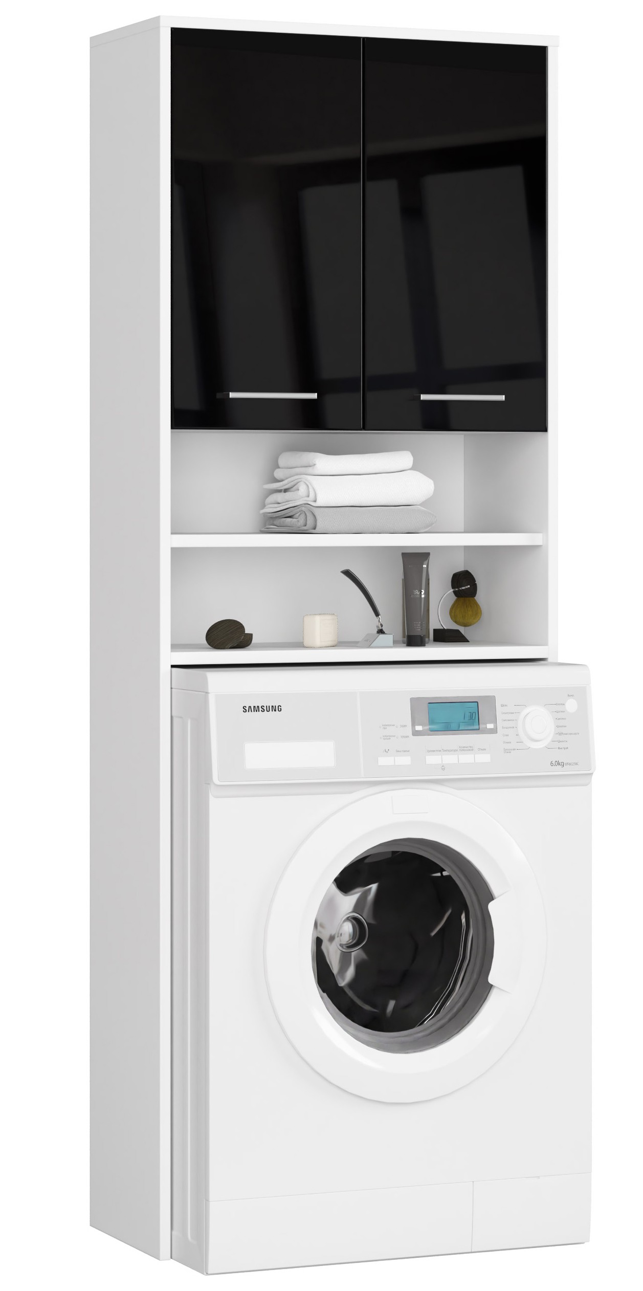 Koupelnová skříňka nad pračku Fin 180 2D2P bílá/černý lesk