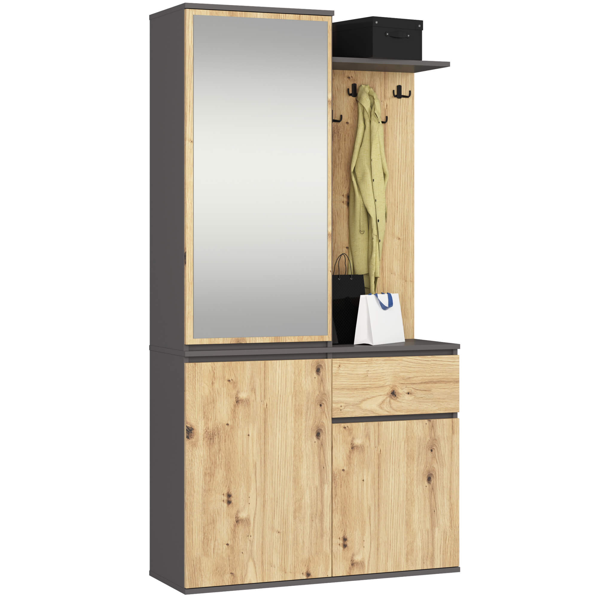 Předsíňová stěna Entro s botníkem a zrcadlem grafitová šedá/dub artisan