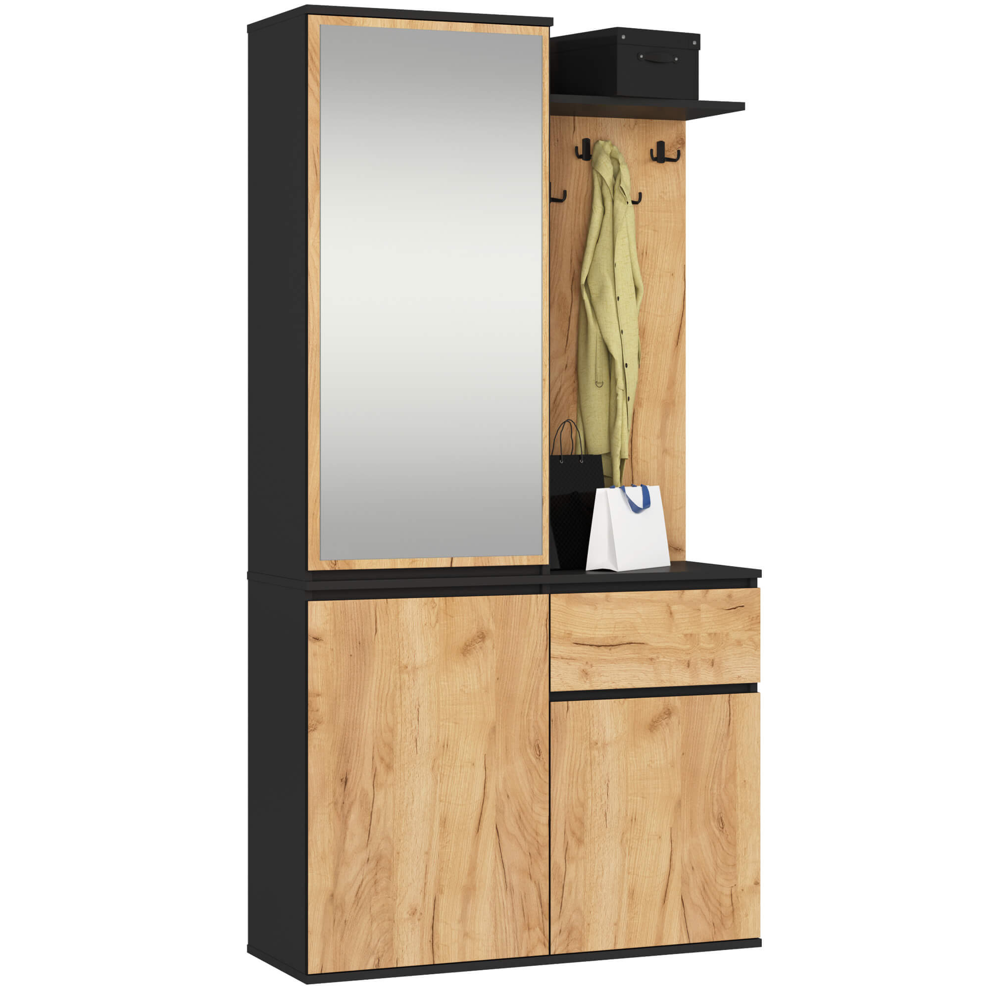 Předsíňová stěna Entro s botníkem a zrcadlem černá/dub craft