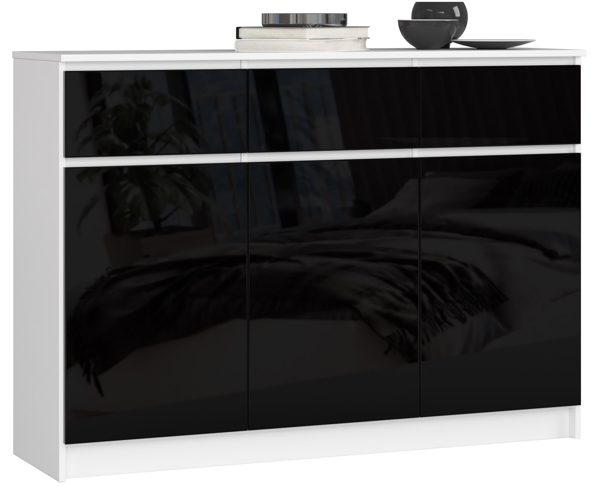 Komoda K140 3D3SZ bílá/černý lesk